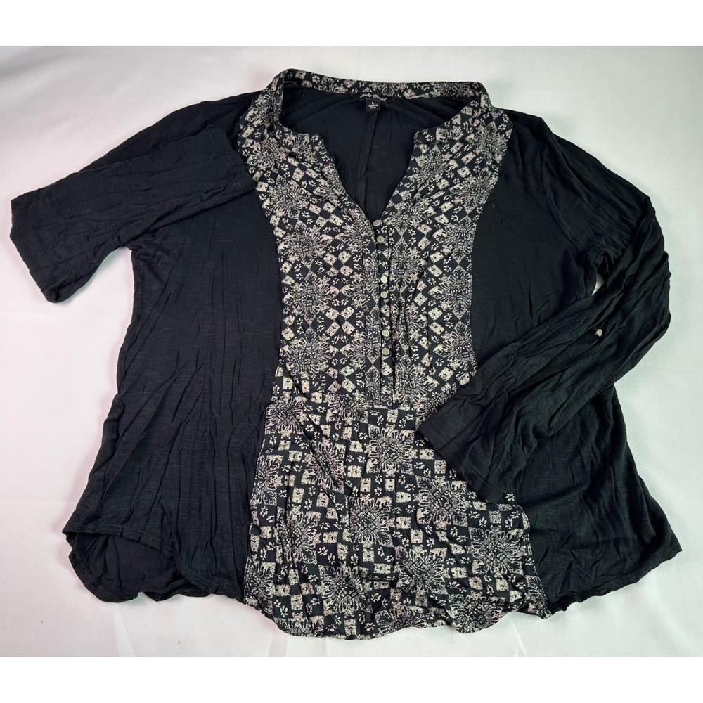 Lucky Brand Womens Top L Black Cream Embellished‎ Button Up Long Sleeve Boho